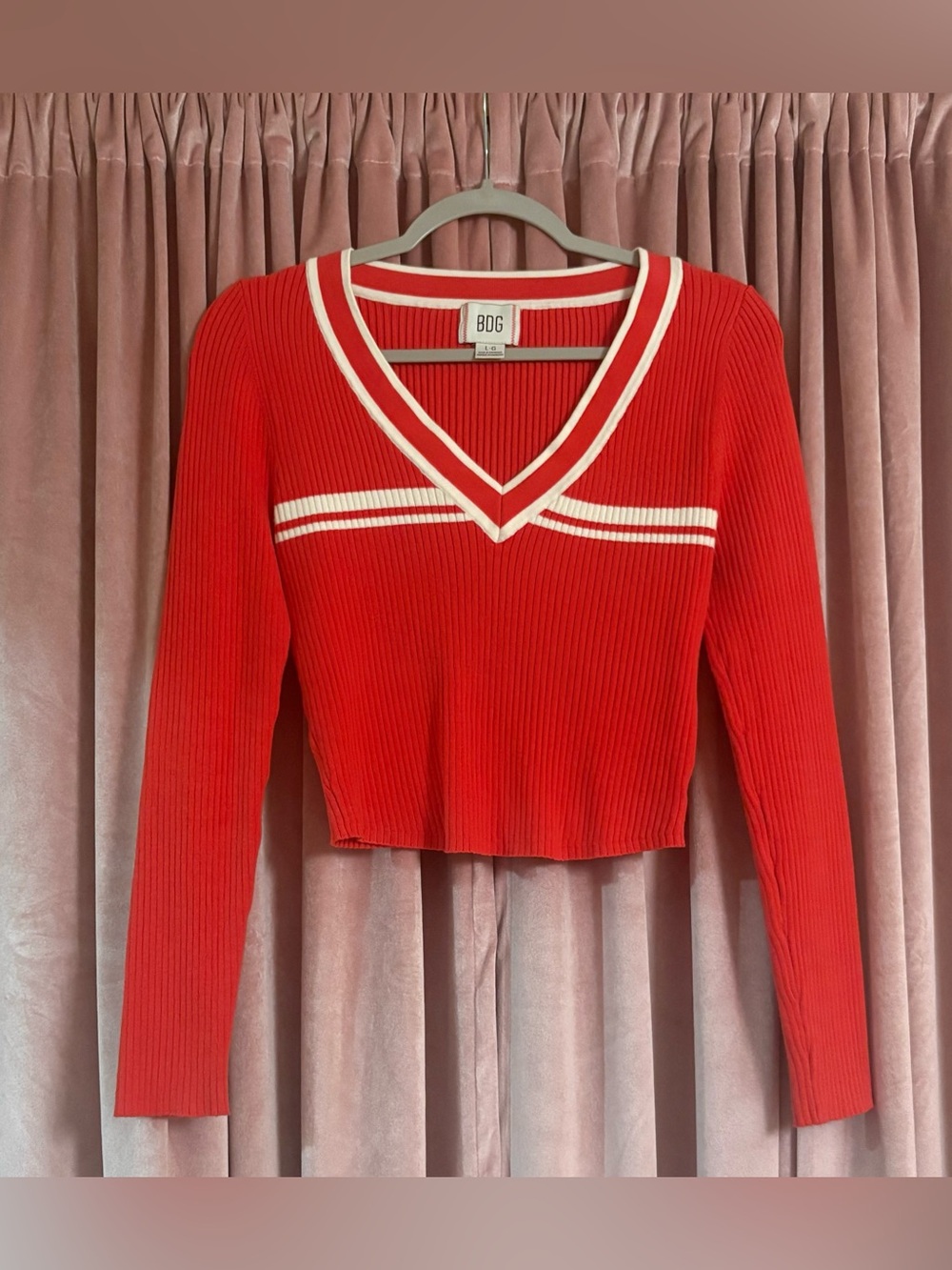 BDG Cropped Red V-Neck Sweater with White Stripe - L